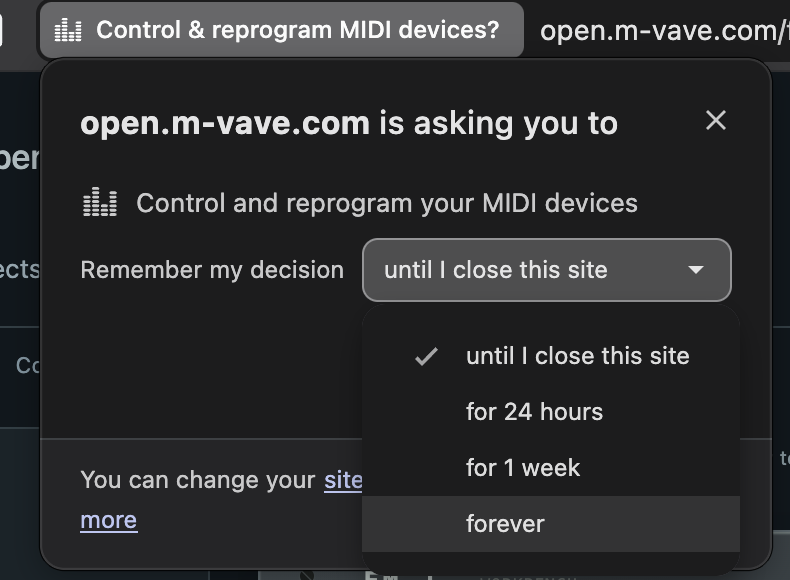 Brave 詢問 MIDI 權限,可以選記住到關閉網站、24 小時、1 週或永久