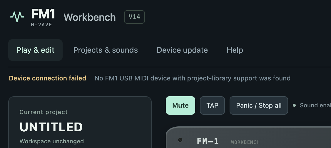 按 Connect device 後的錯誤:No FM1 USB MIDI device with project-library support was found