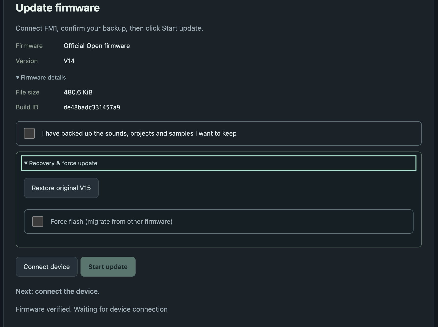 展開 Firmware details 和 Recovery & force update