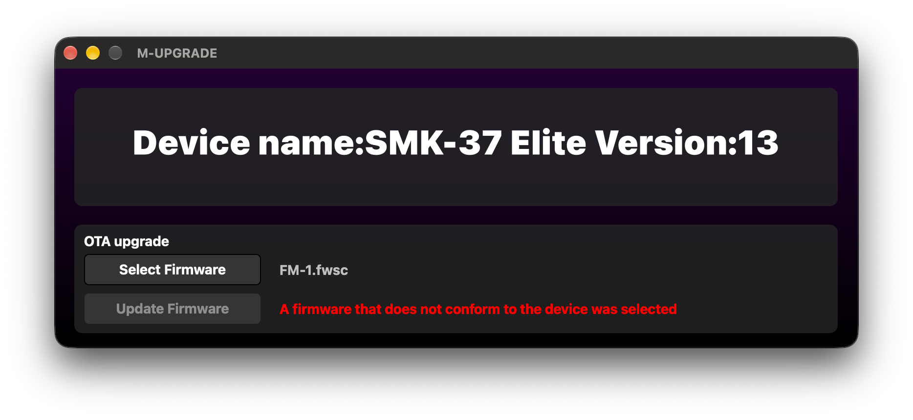 M-UPGRADE 認得 SMK-37 Elite，選到 FM-1 的韌體時擋下來