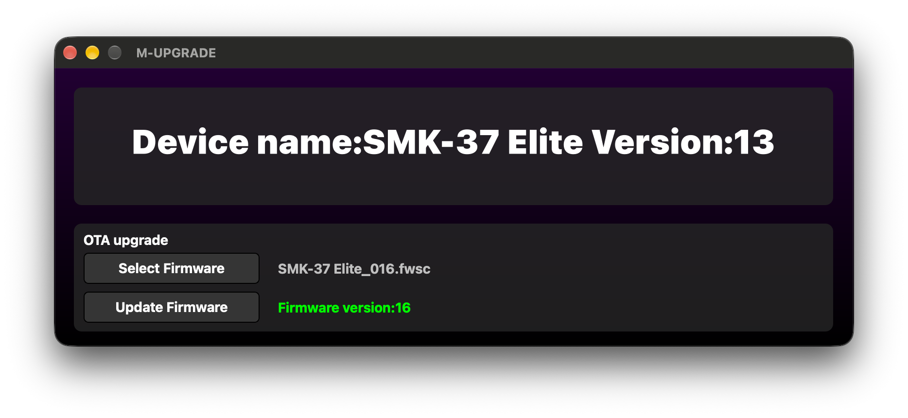 SMK-37 Elite 選好 V16 韌體，還沒按 Update Firmware