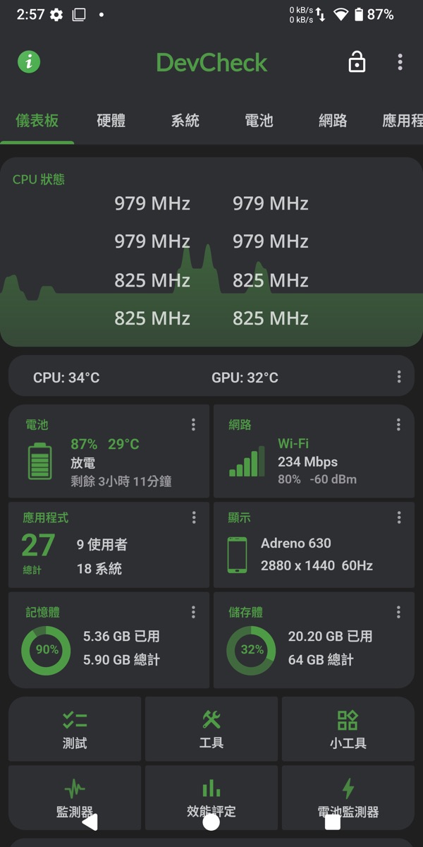 DevCheck 儀表板：CPU 34°C、GPU 32°C、Adreno 630、2880×1440 60Hz