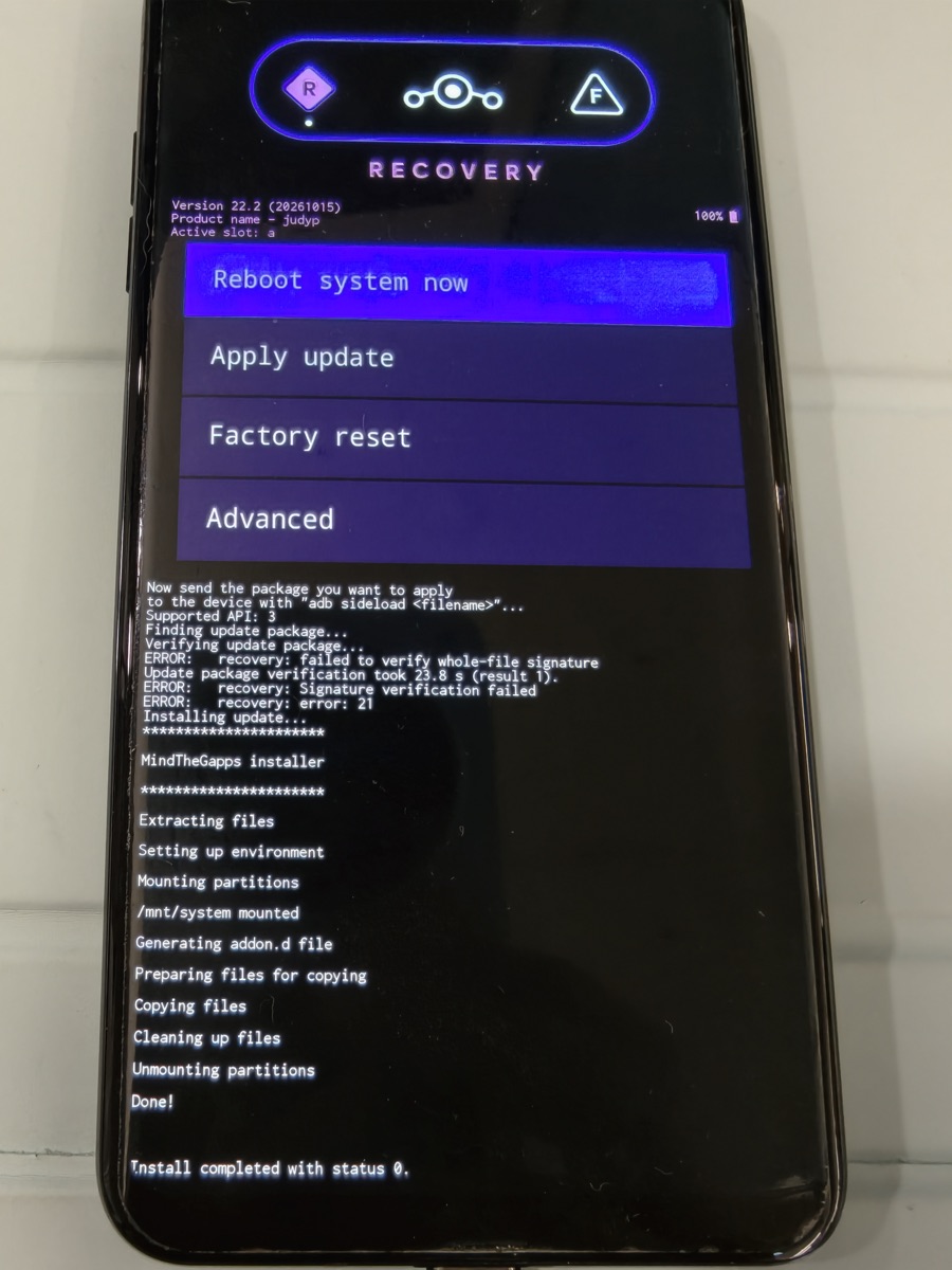 MindTheGapps 安裝完成：Done!、Install completed with status 0（13:44）