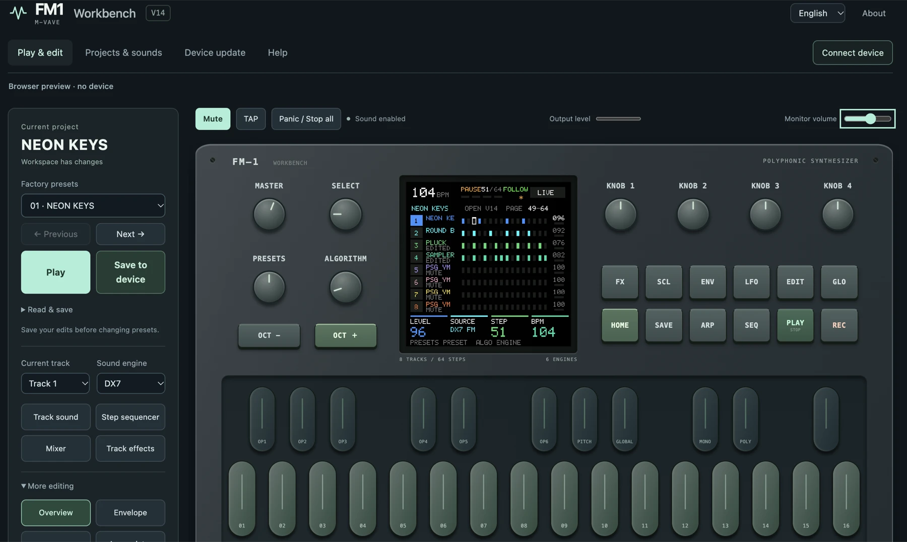 瀏覽器工作台沒接機器時的畫面（demo 專案 NEON KEYS）