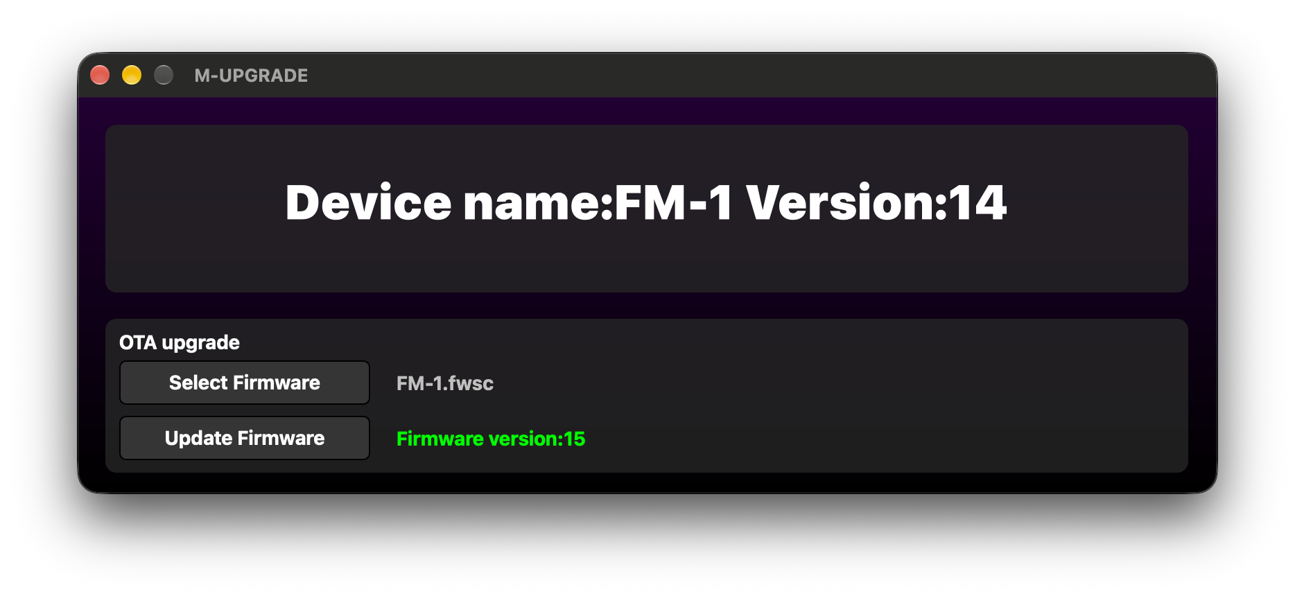 Firmware selected, Update Firmware not pressed yet