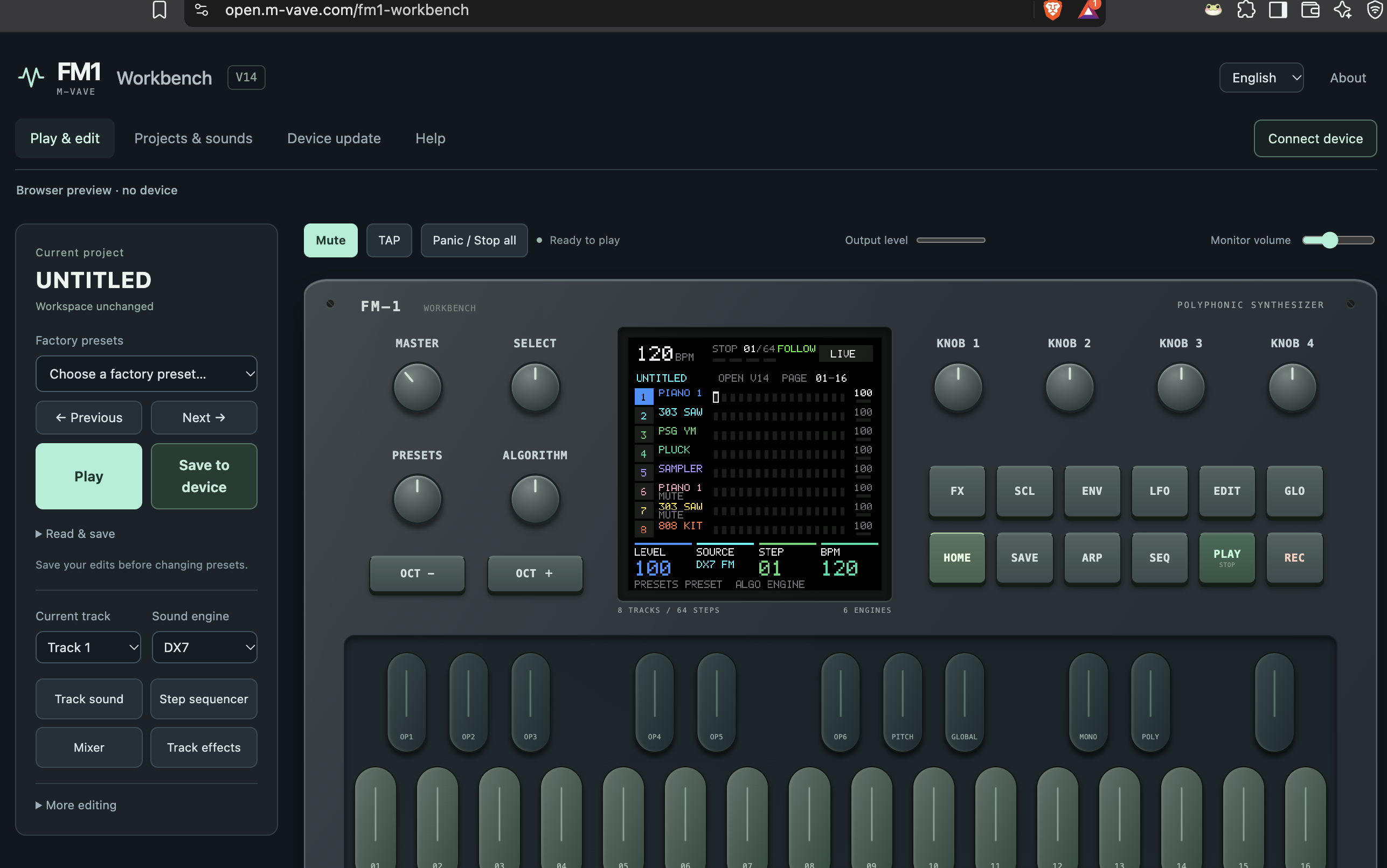 The workbench's Play & edit tab: with no FM-1 connected it's a browser simulator