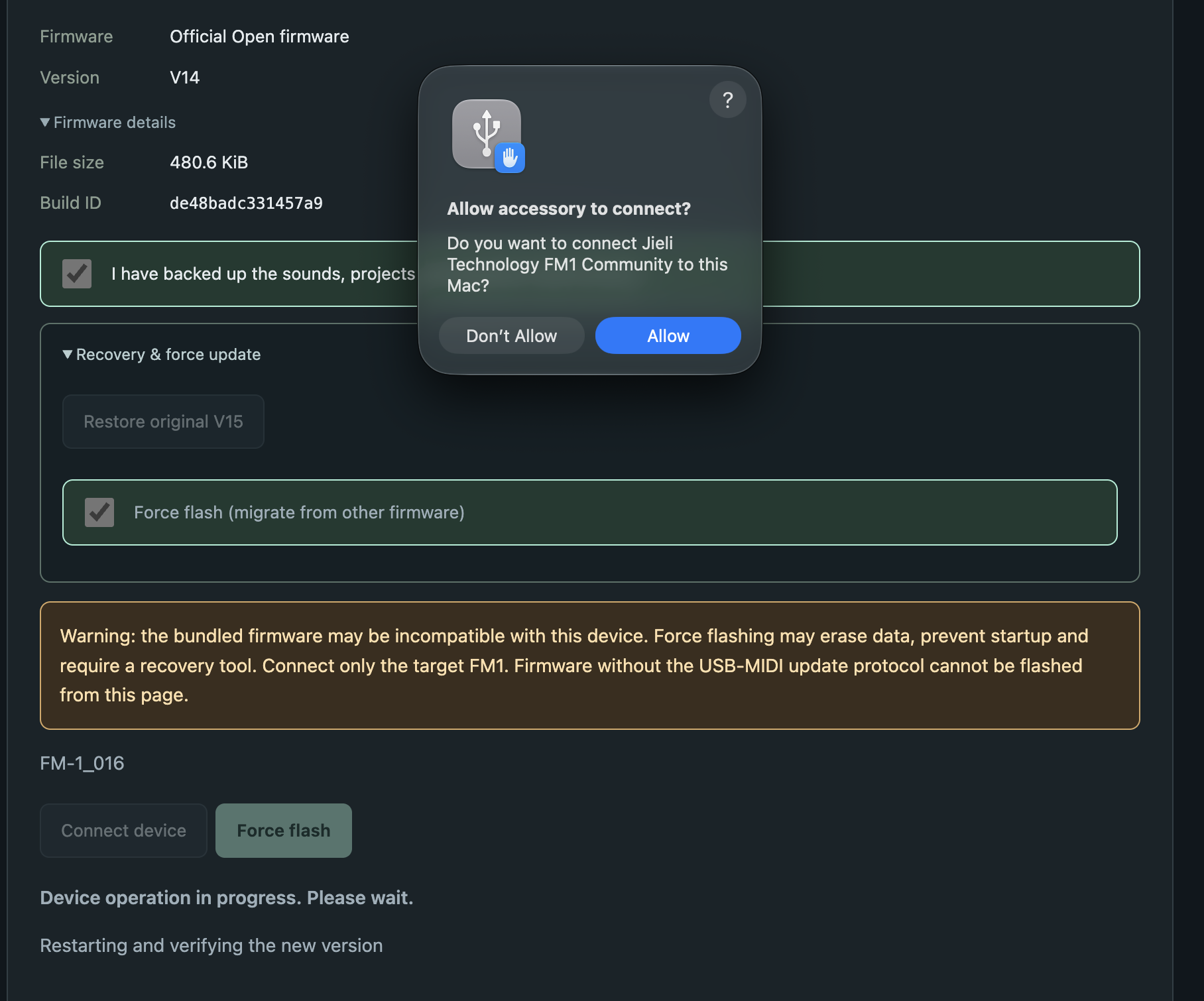 After the FM-1 restarts, macOS asks whether to allow the new USB accessory to connect