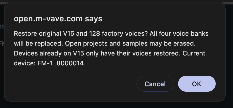 The confirmation dialog before flashing back to V15; the current device is FM-1_8000014