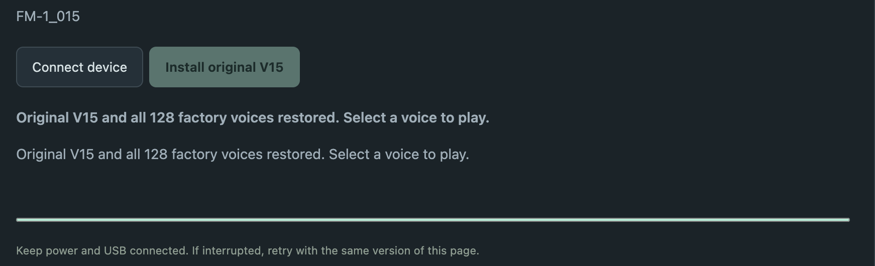 Restore complete: Original V15 and all 128 factory voices restored. Select a voice to play.